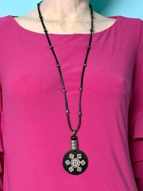 CHICO'S Black Long Leather Cord Ethnic Tribal Amulet Brutalist Pendant Necklace